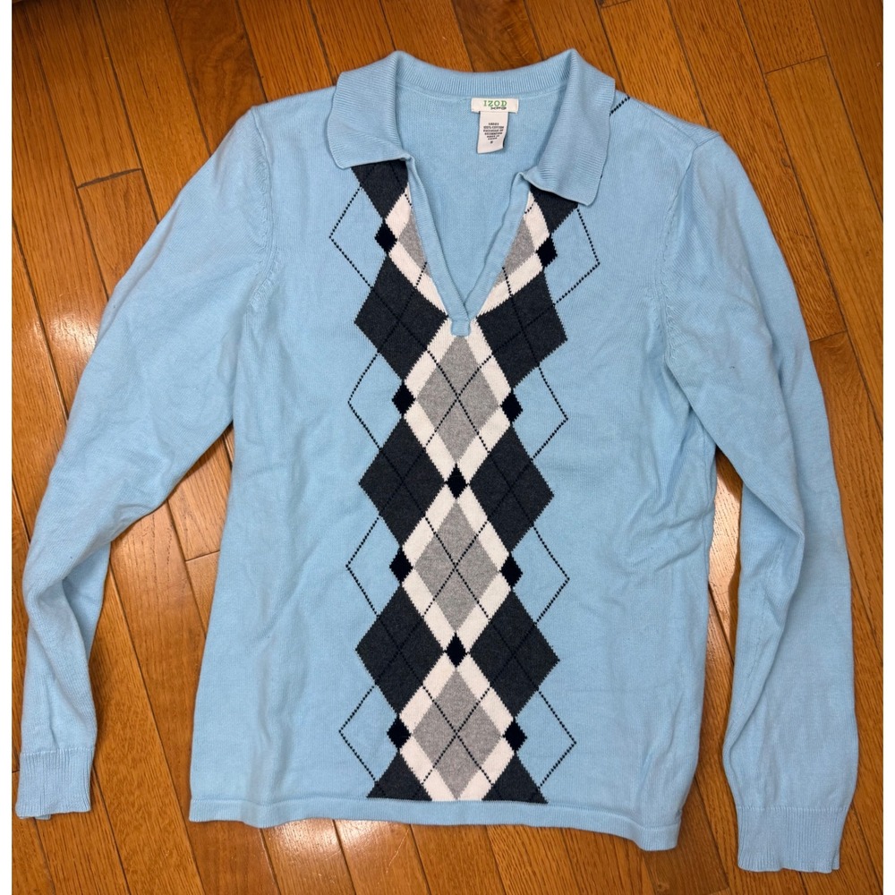 IZOD XFG Womens Light Blue‎ Argyle Polo V-Neck Cotton Knit Sweater Size S